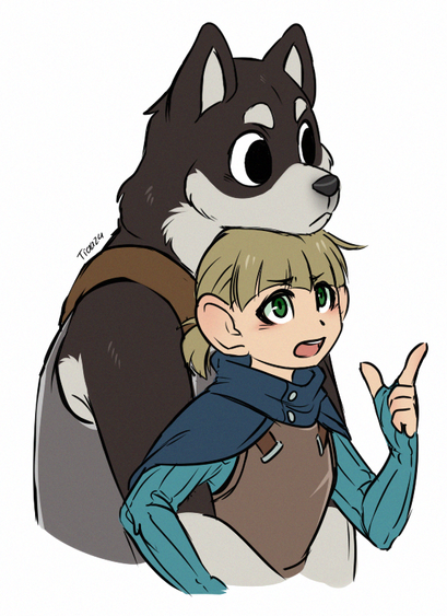Digital drawing of Kuro and Mickbell, from the Dungeon Meshi mangá.