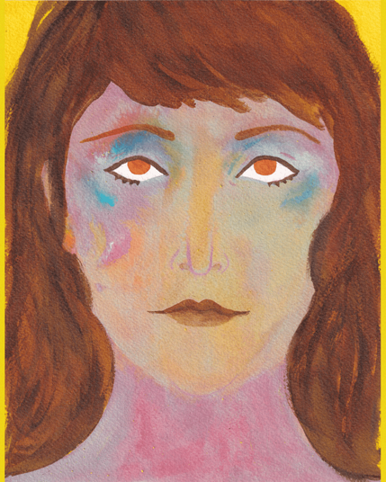 Portrait à l'encre de Chine colorée en plan serré de face d'une femme aux cheveux au niveau des épaules et châtains, aux yeux brun-orangé et au visage bariolé.