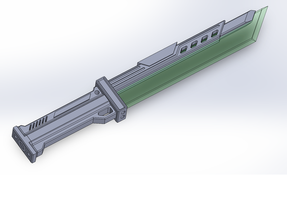 Image en rendu 3D présentant un couteau dans un style futuriste ou cyberpunk. la lame est verte transparente. Le reste du couteau est gris. Une sorte de garde, ou de corps longe le long de la lame.