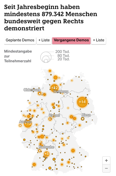 Eine Deutschlandkarte zeigt, wo Menschen seit Jahresbeginn gehen Rechts demonstriert haben