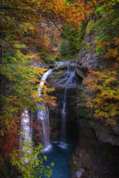 Vertical photography in which you can see an Autumn landscape with a lot of colorfull trees in the foreground and in the background a waterfall between the branches of the trees.