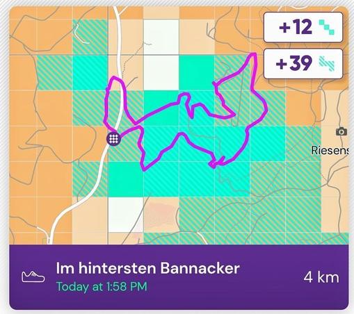 GPS track with highlighted visited tiles. Screenshot of #squadrats.
