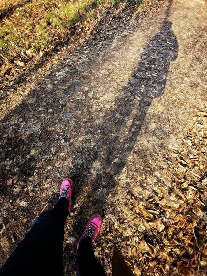 Pink boots. Ständig. Long shadow on track with leaves.