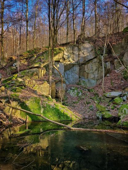 Sunny ancient stonewall with Lake in the woods.
