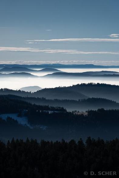 About ten successive layers of wooded hilltops separated by halos of shiny fog trapped in the valleys under a blue sky.