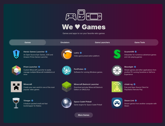 New games category on flathub.org highlighting games, emulators, game launchers and game tools.