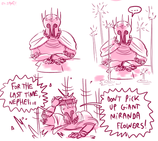 Gideon is still sitting at his desk.
There's different lights coming out of the desk and shooting at the ceiling.
Gideon, yells, angry "FOR THE LAST TIME NEPHELI...DON'T PICK UP GIANT MIRANDA FLOWERS!!"