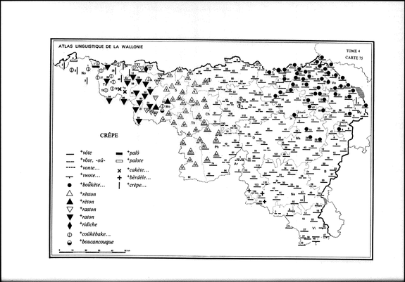 Planche de l'Atlas linguistique de la Wallonie montrant la manière de désigner une crêpe en wallon, en picard et en lorrain. Les grandes tendances sont les suivantes : "vôte" dans les provinces de Namur et de Luxembourg, "boûkète" dans la province de Liège, "rèston" à l'est de la province de Hainaut, et "raton" ou "coûkèbake" à l'ouest de la province de Hainaut.