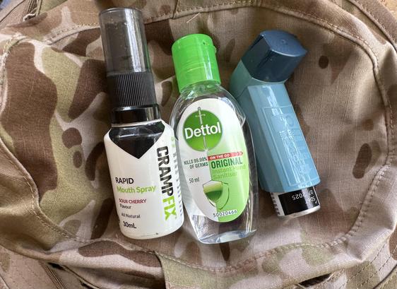 My #CrampEze, #Dettol #handsanitiser & my #Asthma #inhaler on my cloth hat.
