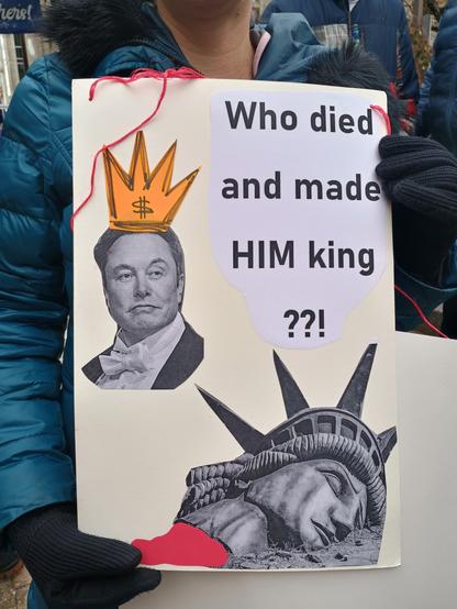 Sign that reads: who died and made him king
On the side is a picture of Elon Musk and a crown with a money symbol on it. 
At the bottom of the sign is lady liberty
