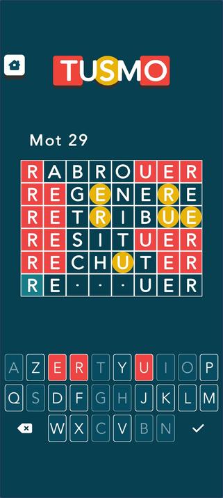 Screenshot d'une grille du jeux Tusmo/Motus.

Dernière tentative avant de perdre.

Les lettres bien placées sont :
RE...UER.

Les lettres à tester sont : z, e, r, y, u, p, q, d, f, k, m, w, x, v