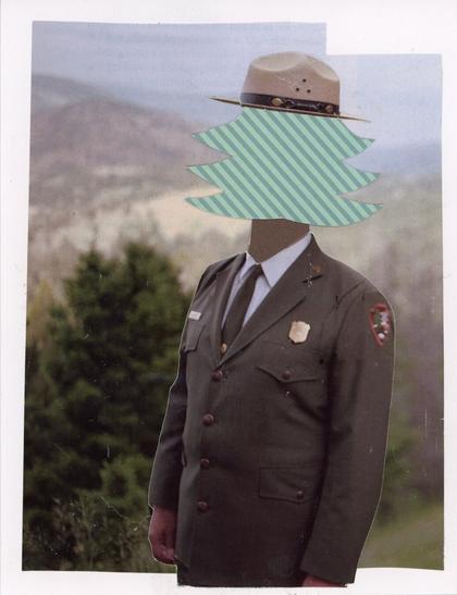 Collage - a forest ranger with a tree for a head topped with a ranger hat surveying a wooded hillside.