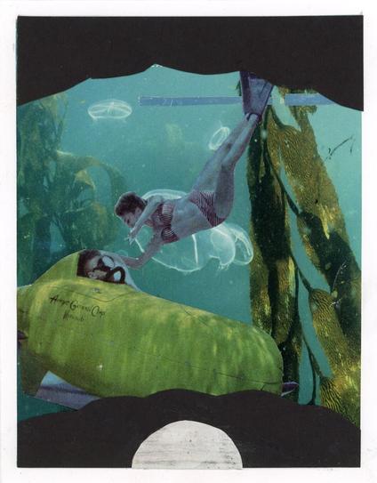 Collage - ocean scene with kelp, a woman diving to meet a man inside a small submarine. Seen from the perspective from inside a scallop’s shell.