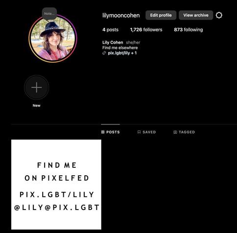 Screenshot of the Instram profile of lilymooncohen that only has one post that says Find me on Pixelfed