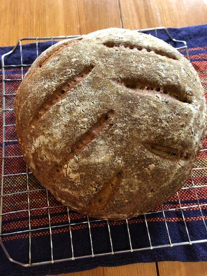 round loaf of multigrain sourdough bread sitting on a table cooling a a rack