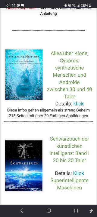 Screenshot of a conspiracy theorist webpage. You see a listing of books in German. One book description you see literally sais "This information is widely considered top secret. 213 pages with more then 20 colored illustrations."