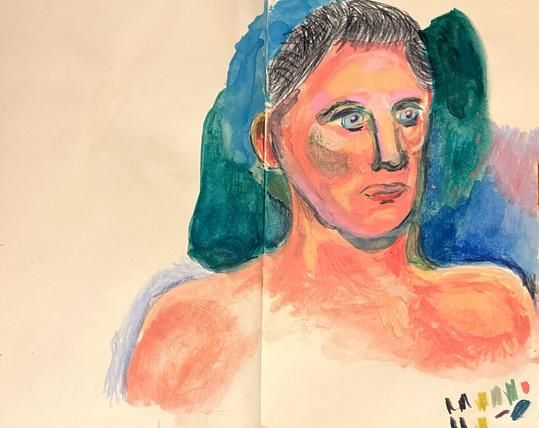 Drawn portrait of a white man's face and bare shoulders with a blue-green background.