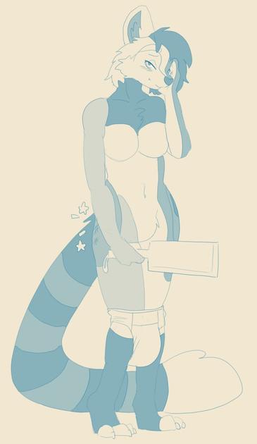 A monochrome sketch of tiger woman holding a spanking paddle, wearing pullups. Her butt is marked, having been spanked.