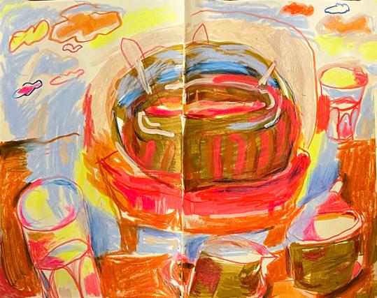 A very colorful mixed media drawing of a "tabletop" on which there is a mustard and fluorescent red bowl surrounded by light blue. In the foreground and background there are glasses, a sugar bowl, and a creamer.