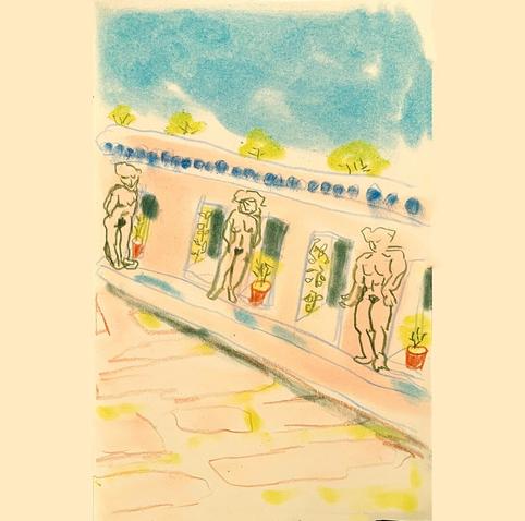 A pencil and pastel drawing of one edge of a piazza, showing a wall with curved entrances between which stand nude statues.