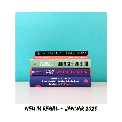 Auf der Grafiktafel ist in der Mitte ein Foto von einem Bücherstapel auf einer weißen Fläche vor einer türkischen Wand. Darunter steht in schwarzer Schrift auf weißem Hintergrund Neu im Regal - Januar 2025. Die Bücher werden in der Caption aufgelistet.