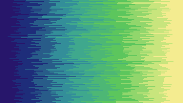 A grid of small squares, displaying a gradient of 10 colors from left to right of dark blue to light yellow. On each row the transition from one color to the next is staggered *seemingly* randomly, but not really randomly, because it's all based on the digits of e.