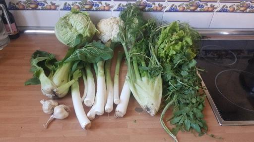 Contenido de la cesta de la semana sobre una encimera de cocina.
De izquierda a derecha, al frente, hay unos ajos y un pak choi. Luego puerros, un hinojo de bulbo y un montoncito de rúcula.
Al fondo, un repollo, una coliflor, otro medio repollo casi cubierto por las hojas del hinojo, y una lechuga.