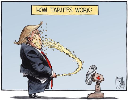 Cartoon: How Tariffs Work:

Trump pisses towards a fan which redirect the stream of piss into his face