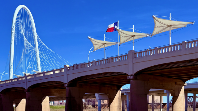 Three bridges seen from the river floodplain beneath them. The closest is the Ronald Kirk Foot Bridge, built from concrete, but updated with modern triangular white sunshades. Behind it is the Margaret Hunt Hill Auto Bridge, formed from a large loop of white metal which anchors a complex weave of suspension cables that hold up the road. Far beyond that is an old, rusty train bridge.