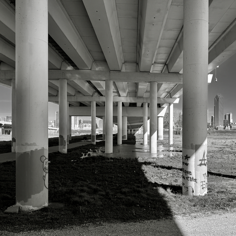 A black-and-white photo showing a forrest of circular concrete columns on the underside of a bridge, holding it over a river floodplain as it enters a city beyond the river. Some columns have bits of graffiti at their bases. A security camera hangs down from the top of the bridge. The floodplain is full of soggy, grassy ground dotted with pools of standing water. The river itself is hidden by the contours of the landscape.