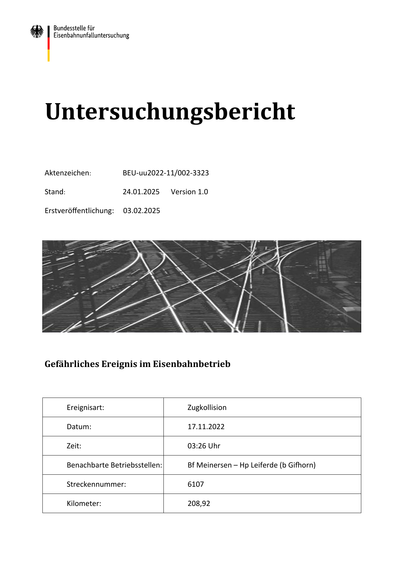 Untersuchungsbericht
Aktenzeichen:
BEU-uu2022-11/002-3323
Stand:
24.01.2025
Erstveröffentlichung:
03.02.2025
Version 1.0
Gefährliches Ereignis im Eisenbahnbetrieb
Ereignisart:
Zugkollision
Datum:
17.11.2022
Zeit:
03:26 Uhr
Benachbarte Betriebsstellen:
Bf Meinersen – Hp Leiferde (b Gi orn)
Streckennummer:
6107
Kilometer:
208,92