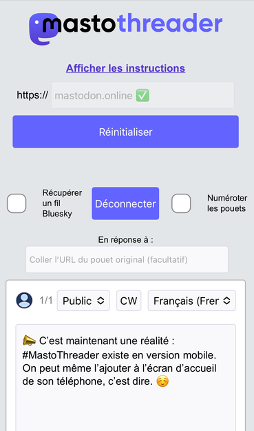 Capture d’écran de MastoThreader pendant la rédaction de ce pouet.
