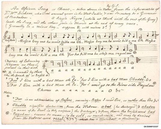 A photograph of the manuscript showing the musical score and written lyrics and notes, by Granville Sharpe circa 1772–1779