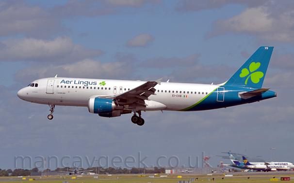 Side view of a white, twin engined jet airliner flying from right to left at a very low level with flaps extended from the rear of the wings, suggesting it is about to land on a runway.
The plane has a pale blue rear fuselage and tail, with a large green shamrock on the tail.
There are pale blue "Aer Lingus" titles and a smaller green shamrock on the upper forward fuselage.
The registration "EI-CVB" is on the lower rear fuselage in black.
The engine pods slung under the wings are the same pale blue as the tail.
Green grass stretches across the bottom of the frame, with several jet airliners in the bottom right corner.
Cloudy grey sky with patches of blue fill the rest of the frame.