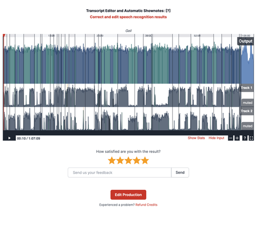 Webview von der Audio Nachbearbeitung im Auphonic - Man sieht deutlich dass bei Sprecher:innen gleich viel Redeanteil haben & wie die Beiden Audiospuren gesinnt werden
