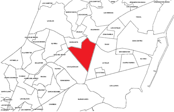Mapa de los barrios de Santa Cruz de Tenerife, sombreado en rojo el barrio de El Chapatal que tiene forma de corazón.