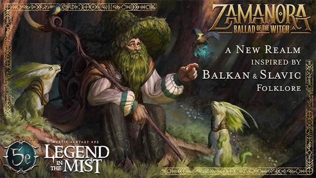A fantasy scene with a witch in a forest, wearing a wide-brimmed hat, surrounded by magical elements, with text: "Zamanora: Ballad of the Witch" and promotional details.