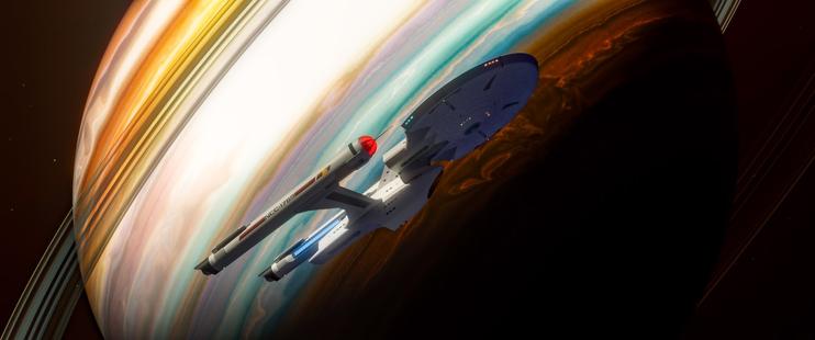 Star Trek spaceship concept USS Asgard in front of a ringed orange-white gas giant