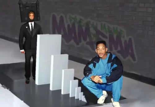 domino meme shows a dozen of domino stones from tiniest to man sized, the initiator is young will smith from fresh price, last stone is jaden smith wearing (check their neotes) a hat in shape of a castle several times larger than the actual head; for the face being (looks defocused in disbelieve) the entrance door to the ...plush castle