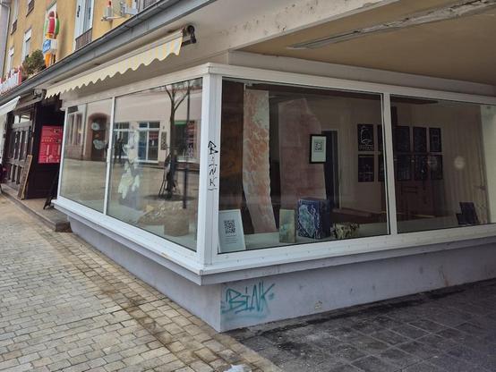 Ein ehemals leer stehendes Schaufenster in der Landauer Kronstraße mit Kunstwerken von Caroline Seelinger und Jonas Saling.