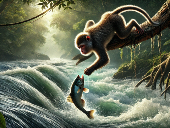 monkey grabs the fish from the river