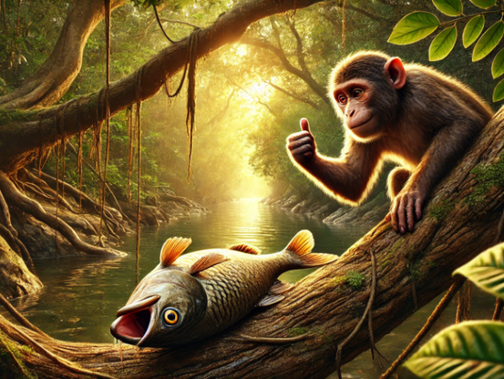 monkey watching the fish it "saved" from the river as it gasps for air on the tree branch