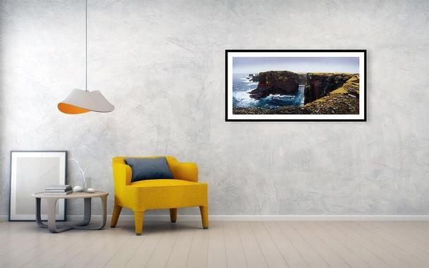 Preview of "Simply Eshaness" in a mockup depicting the framed print in a simple and modern living room.
