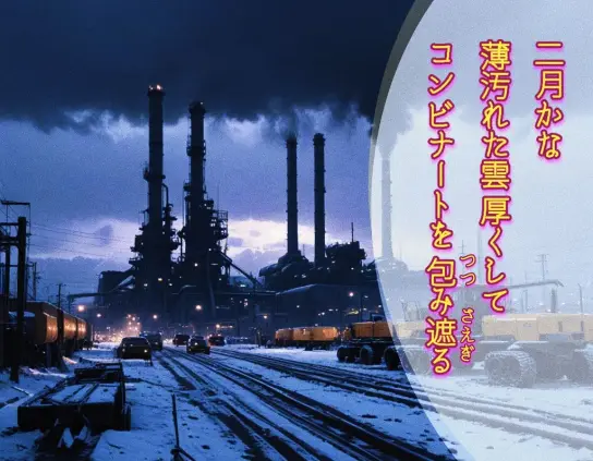 «Generated by nightcafestudio, Edit in CapCut »
Alt-TXT: An industrial landscape under a cloudy February sky, with factories, smokestacks, and the tracks of heavy machinery in a snowy setting.
On the right side of the image is a tanka poem written in Japanese that reads, "Gray stratus clouds are hanging here and there, enveloping the industrial area. Indeed, it is February."