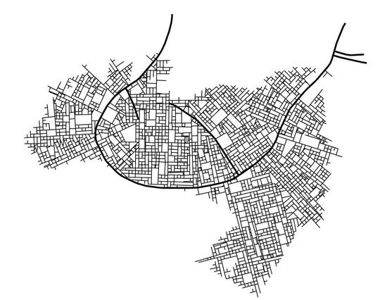 A map of a city, consisting of large black lines representing major roads, and smaller black lines showing side streets.