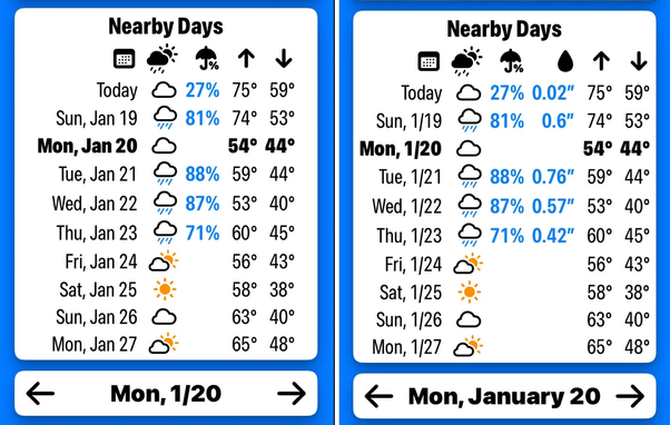 The "Nearby Days" section of Please Don't Rain in slide-over mode. The left side only shows the precipitation chance but the right side has room to also show the rain amount because the dates are using an alternate formatting option.