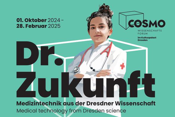 Poster der Ausstellung "Dr. Zukunft - Medizintechnik aus der Dresdner Wissenschaft" im COSMO Wissenschaftsforum Dresden. Die Diskussionsrunde über Organoide findet im Begleitprogramm der Ausstellung statt.