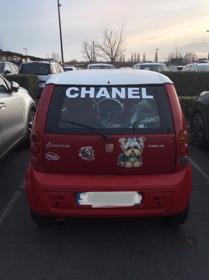 Photographie du derrière d'une voiture rouge où le.a propriétaire à collé.e un autocollant "Chanel" ainsi que celui d'un Yorkshire