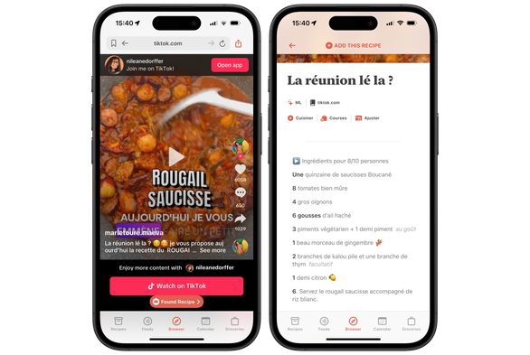 Screenshot of Mela where I was able to import a rougail saucisse recipe into the app from a TikTok video.