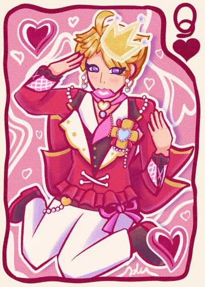 #art art of arashi narukami in a valentine outfit formatted similarly to a queen of hearts poker card